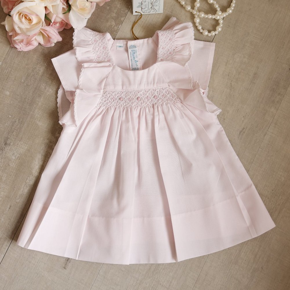 Pink Smocked Dress Flutter Sleeve Pinafore Feltman Brothers 3 Months  NWT